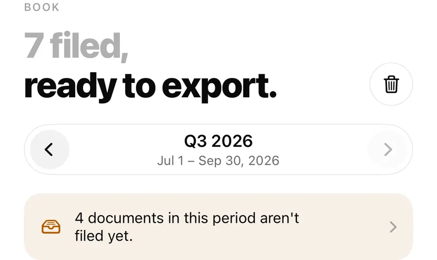 ReceiptBook Book header: 7 filed, ready to export, the Q3 2026 period from Jul 1 to Sep 30, 2026, and a banner saying 4 documents in this period aren't filed yet