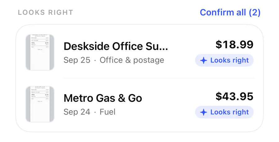 Looks right section of the ReceiptBook Inbox with Deskside Office Supply at 18.99 dollars and Metro Gas & Go at 43.95 dollars, each marked Looks right, and a Confirm all (2) button