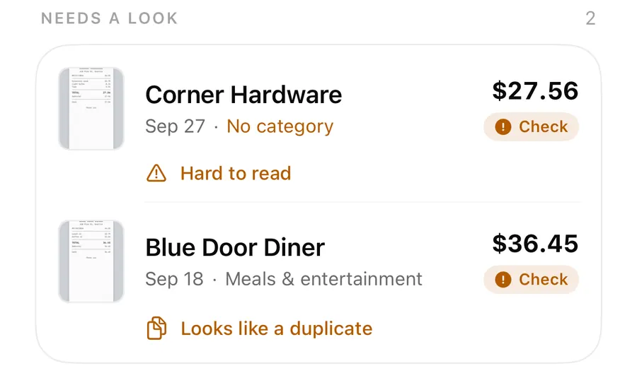 Needs a look section of the ReceiptBook Inbox: Corner Hardware with No category and Hard to read, and Blue Door Diner at 36.45 dollars with a Looks like a duplicate warning