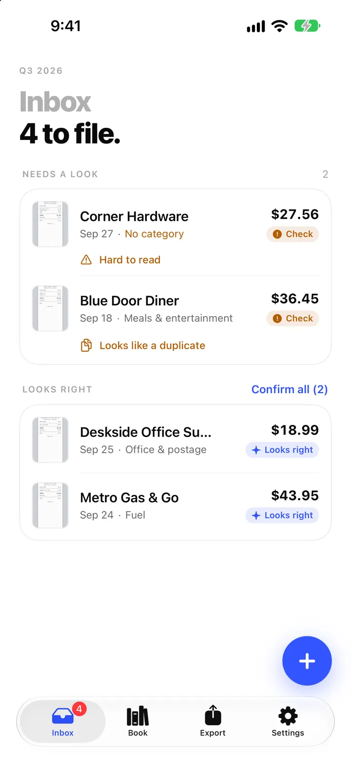 ReceiptBook Inbox with 4 to file: Corner Hardware and Blue Door Diner under Needs a look, Deskside Office Supply and Metro Gas & Go under Looks right, and the round plus button at the bottom right