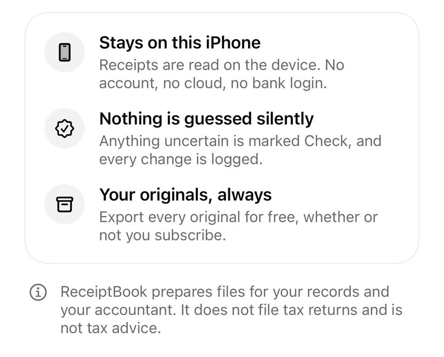 ReceiptBook privacy promises: Stays on this iPhone, Nothing is guessed silently and Your originals, always, with a note that ReceiptBook prepares files for your records and your accountant and is not tax advice