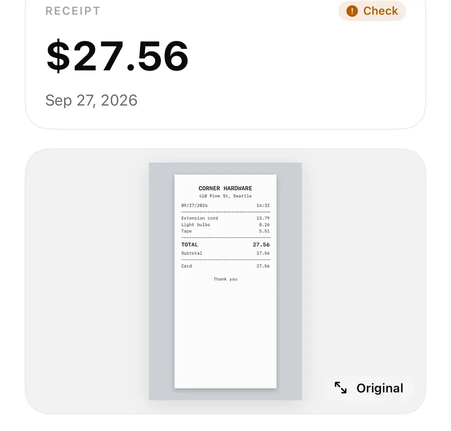 Top of a ReceiptBook review screen: a 27.56 dollar receipt dated Sep 27, 2026 with a Check badge, above a thumbnail of the original receipt photo