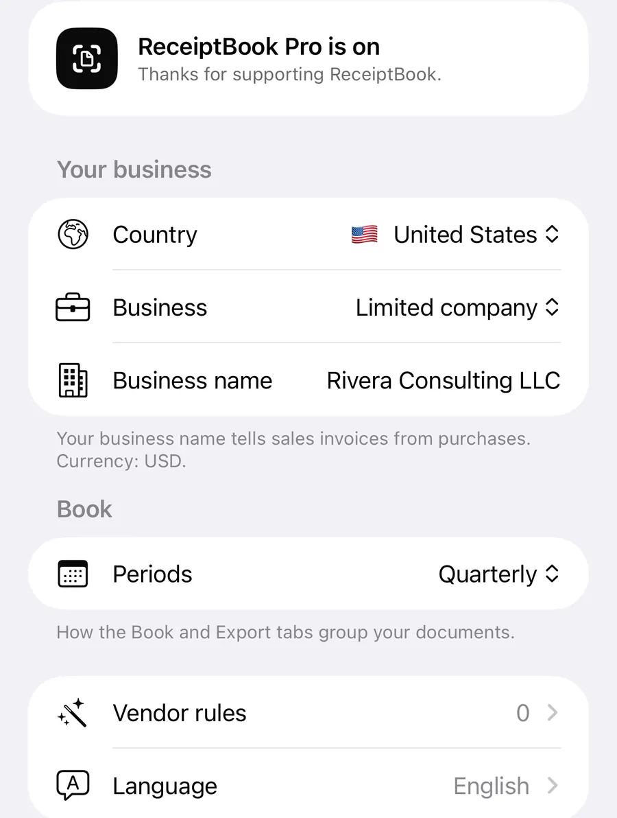 ReceiptBook Settings cropped to ReceiptBook Pro is on, Your business with Country United States, Business Limited company and Business name Rivera Consulting LLC, Periods Quarterly, and rows for Vendor rules and Language