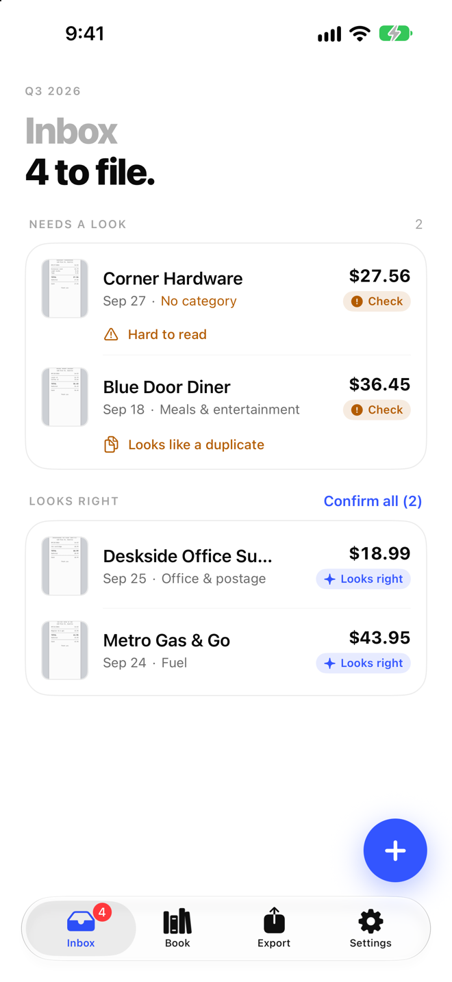 ReceiptBook inbox with new receipts waiting to be checked