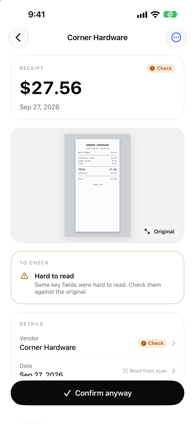 A receipt read by ReceiptBook, showing vendor, date, total and tax