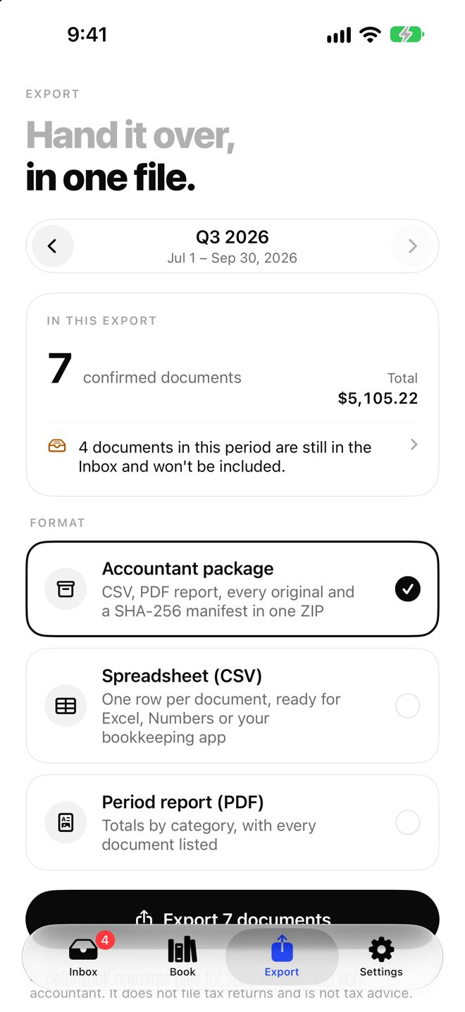 The export screen with the accountant package, CSV and PDF formats