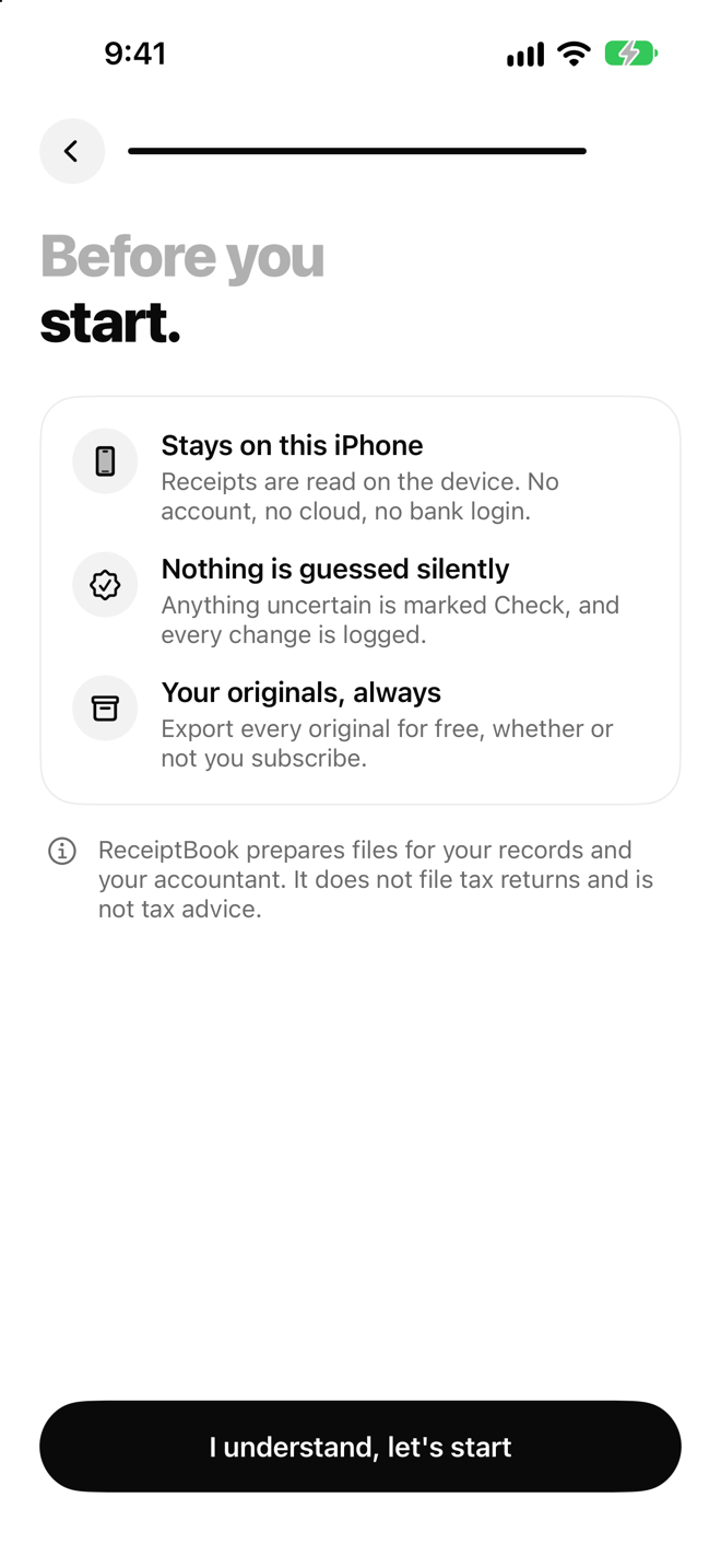 ReceiptBook onboarding: no account and no cloud, receipts stay on the iPhone