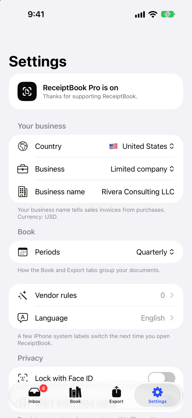 Settings with business details, periods and privacy options